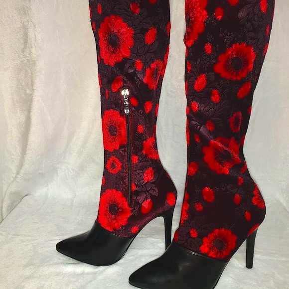 Mac J Black Cherry Stretch Velvet Red Floral OTK Stocking Boots 3.5" High Heel - Picture 4 of 15